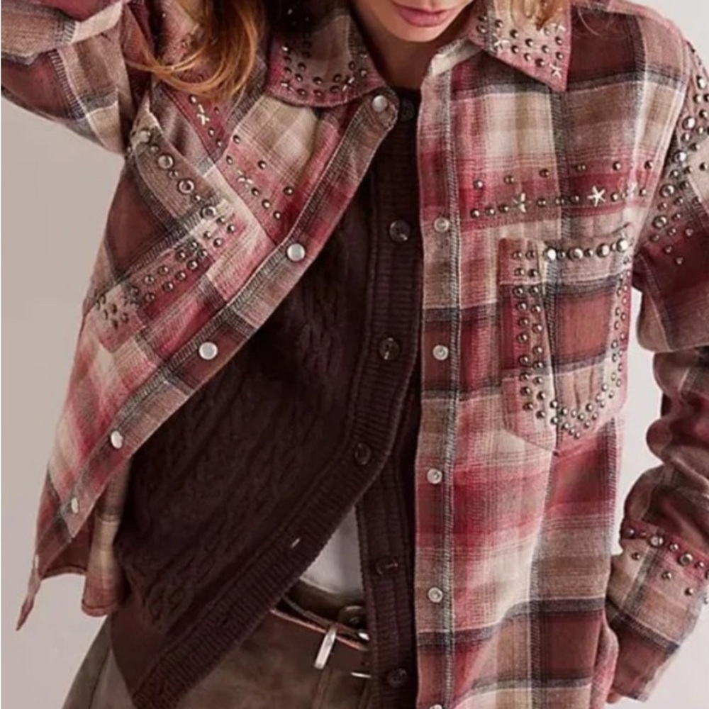 NWT Free People We the Free Marta Studded Plaid Flannel Shirt Neutral Combo L